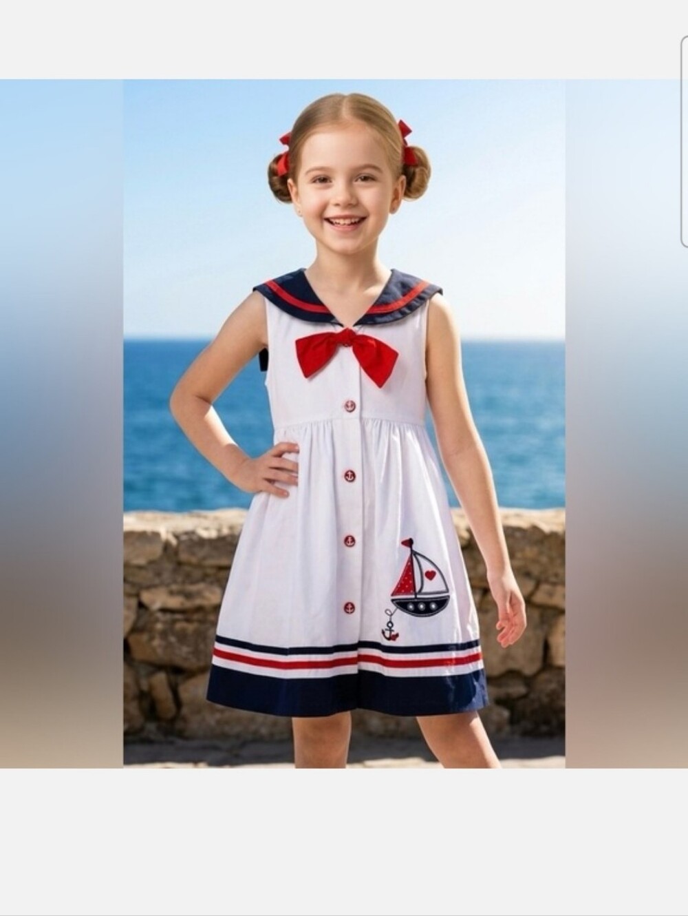 Good Lad White and Navy Girls' Sailor Dress with Red Bow